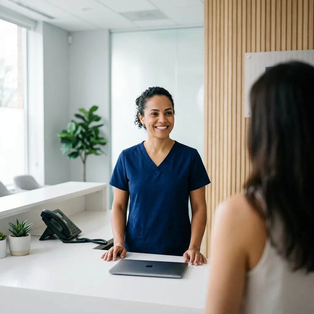 Recepcionista de clínica conversa com uma paciente no balcão, com o laptop fechado à sua frente.